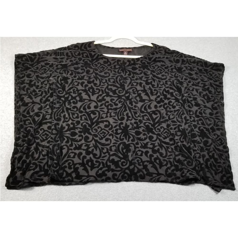 Dana Buchman Poncho Top Women's Medium M Black Velvet Floral Damask Sheer Blouse